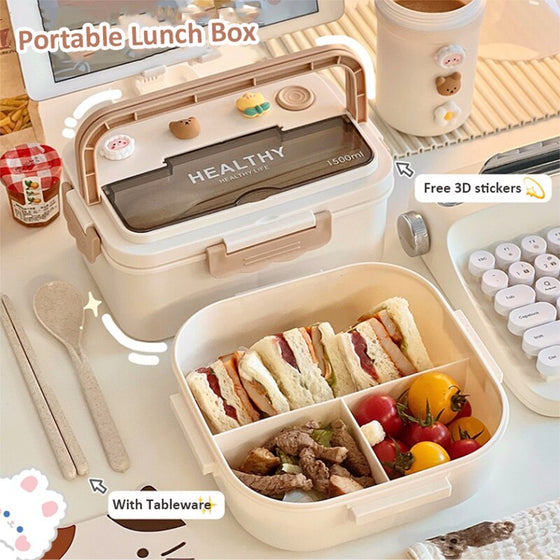 Simple Cute Portable Lunch Box with Compartment for Girls School Kids Plastic Picnic Bento Box Microwave Food Storage Containers