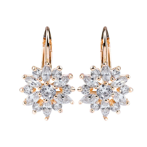 BAMOER 3 Colors Luxury Gold Color Flower Stud Earrings with Zircon Stone