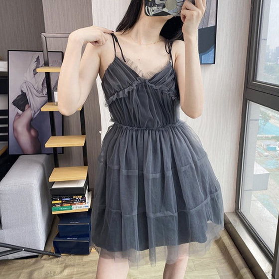 Gothic Sexy Dress V Collar Vintage Y2k Spaghetti Strap Mesh Patchwork Mini Dresses 2022 Summer High Waist Dress For Women