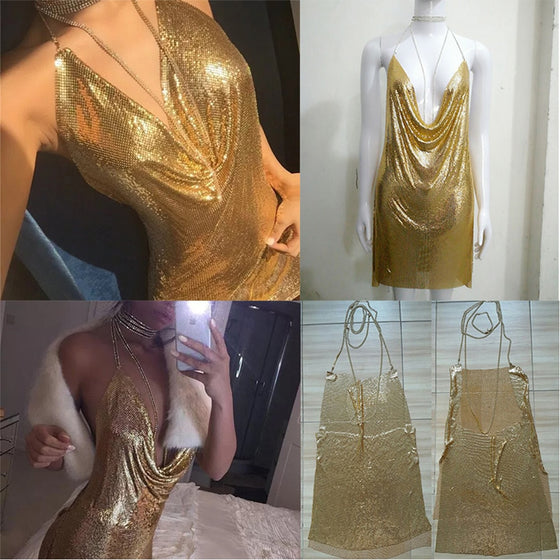 Sexy Backless y2k Metal Party Summer Dress Women Beach Night club Mini slip dress Glitter Sequin ladies Dresses 2022 Vestidos HL