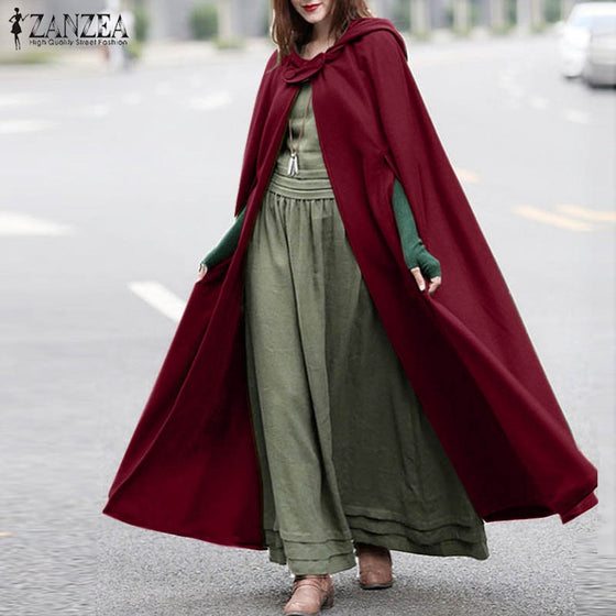 ZANZEA Women Poncho Winter Hooded Open Front Cloak Loose Solid Long Coat Hoodies Cosplay Outwear Christmas Casual Cape