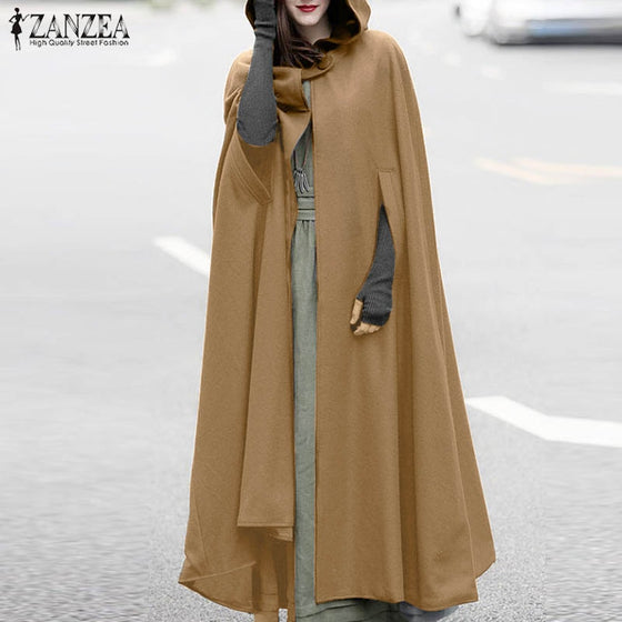 ZANZEA Women Poncho Winter Hooded Open Front Cloak Loose Solid Long Coat Hoodies Cosplay Outwear Christmas Casual Cape