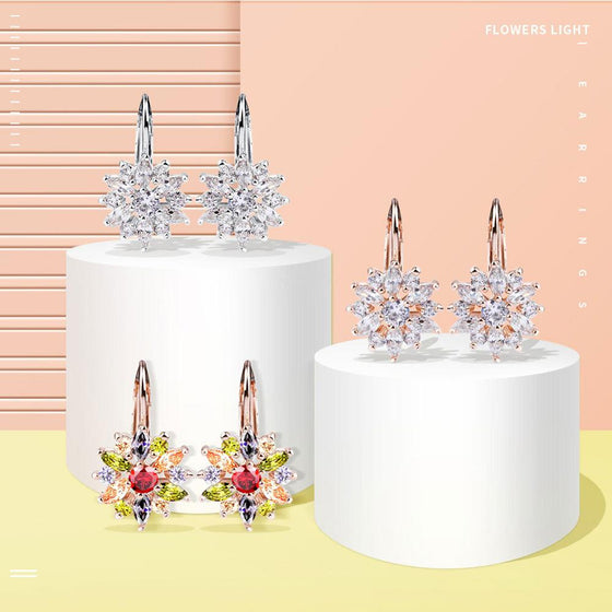 BAMOER 3 Colors Luxury Gold Color Flower Stud Earrings with Zircon Stone
