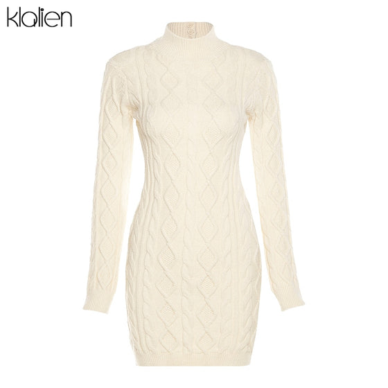 KLALIEN Simple Solid Long Sleeve Turtleneck Sweater Dress Autumn New Women Warm Streetwear Slim Stretch Mini Bodycon Dresses