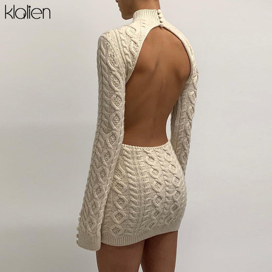 KLALIEN Simple Solid Long Sleeve Turtleneck Sweater Dress Autumn New Women Warm Streetwear Slim Stretch Mini Bodycon Dresses