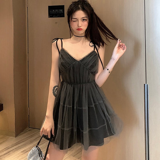 Gothic Sexy Dress V Collar Vintage Y2k Spaghetti Strap Mesh Patchwork Mini Dresses 2022 Summer High Waist Dress For Women