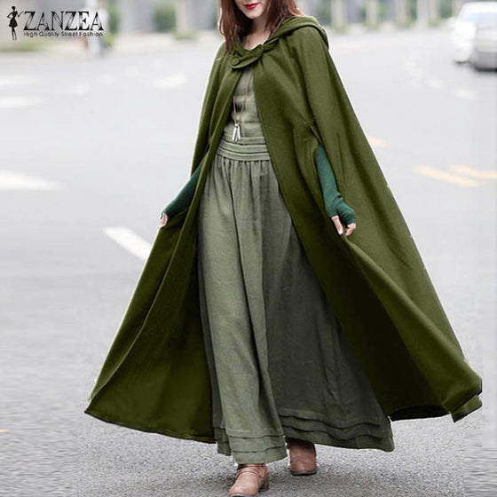 ZANZEA Women Poncho Winter Hooded Open Front Cloak Loose Solid Long Coat Hoodies Cosplay Outwear Christmas Casual Cape