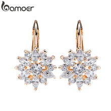  BAMOER 3 Colors Luxury Gold Color Flower Stud Earrings with Zircon Stone