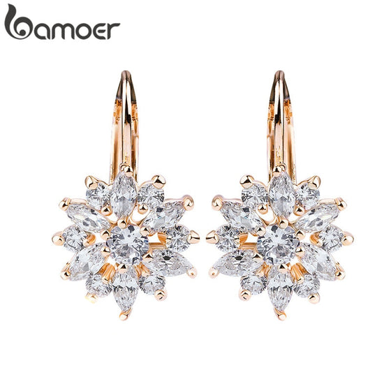 BAMOER 3 Colors Luxury Gold Color Flower Stud Earrings with Zircon Stone