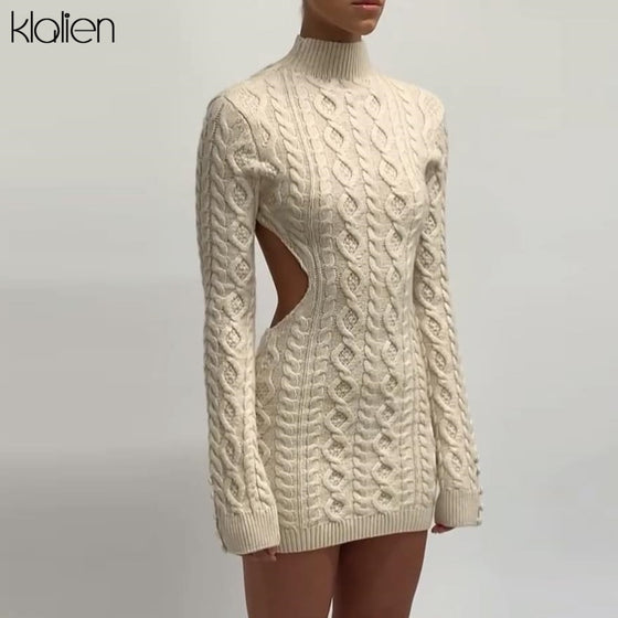 KLALIEN Simple Solid Long Sleeve Turtleneck Sweater Dress Autumn New Women Warm Streetwear Slim Stretch Mini Bodycon Dresses