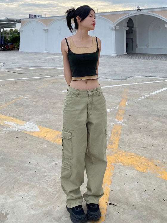 Rockmore Brown Vintage Baggy Jeans Women 90s Streetwear Pockets Wide Leg Cargo Pants Low Waist Straight Denim Trousers 2021