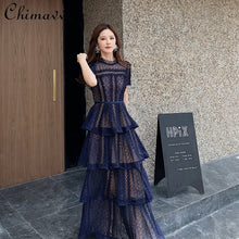  Maxi Dresses for Women 2022 New Summer Dark Blue Exquisite Lace Stitching Short Sleeve Multi-layer Cake Dress Slimming Dress