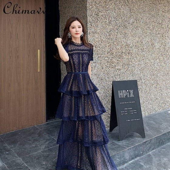 Maxi Dresses for Women 2022 New Summer Dark Blue Exquisite Lace Stitching Short Sleeve Multi-layer Cake Dress Slimming Dress