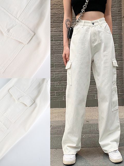 Rockmore Brown Vintage Baggy Jeans Women 90s Streetwear Pockets Wide Leg Cargo Pants Low Waist Straight Denim Trousers 2021