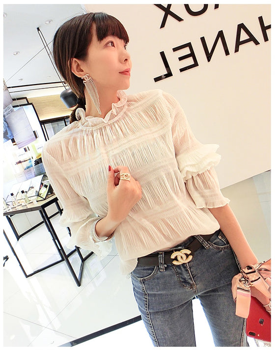 Korean Loose Bell Sleeve Chiffon Shirt Woman Simple Transparent Slim Ladies Shirt Ladies Casual Wrinkled Solid Blouses Women