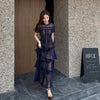 Maxi Dresses for Women 2022 New Summer Dark Blue Exquisite Lace Stitching Short Sleeve Multi-layer Cake Dress Slimming Dress