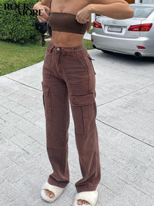  Rockmore Brown Vintage Baggy Jeans Women 90s Streetwear Pockets Wide Leg Cargo Pants Low Waist Straight Denim Trousers 2021