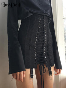  InsDoit Gothic Y2K Vintage Mini Skirt Women Punk Patchwork Summer High Waist Skirt Bodycon Eyelet Lace Up Aesthetic Sexy Skirts