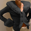 Ribbed Knitted Cardigan With Fur Trim Collar - Deal Digga