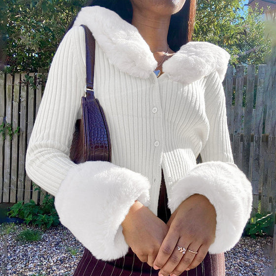 Ribbed Knitted Cardigan With Fur Trim Collar - Deal Digga