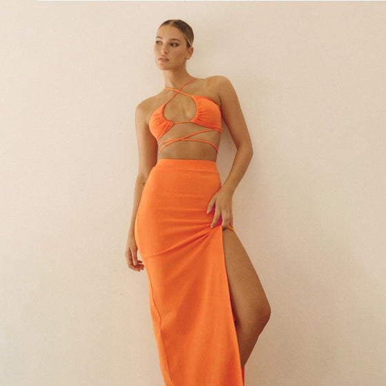 Quinn | Bandage Cut Out Halter Neck Top and Skirts Two Piece Set - Deal Digga