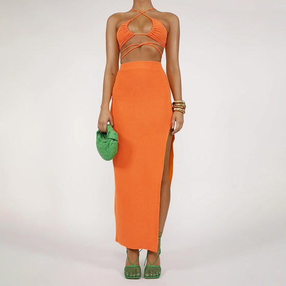 Quinn | Bandage Cut Out Halter Neck Top and Skirts Two Piece Set - Deal Digga