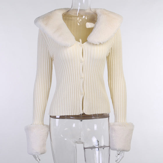 Ribbed Knitted Cardigan With Fur Trim Collar - Deal Digga