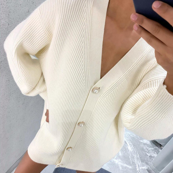 White Knitted V Neck Sweater Cardigan - Deal Digga