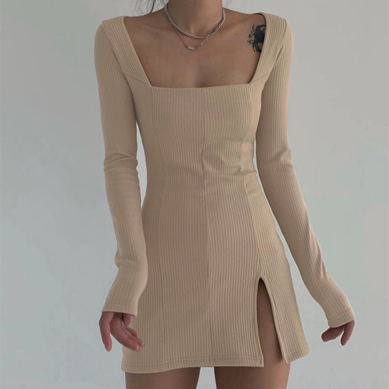 Emilia | Elegant Square Neck Dress with Side Split - Deal Digga