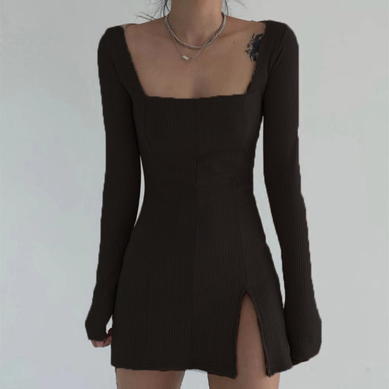 Emilia | Elegant Square Neck Dress with Side Split - Deal Digga